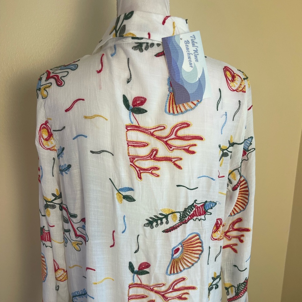 Coastal Embroidered Beach Cover Up Midi Shirt Dress Ocean Theme Lemons Resort S - Picture 12 of 14